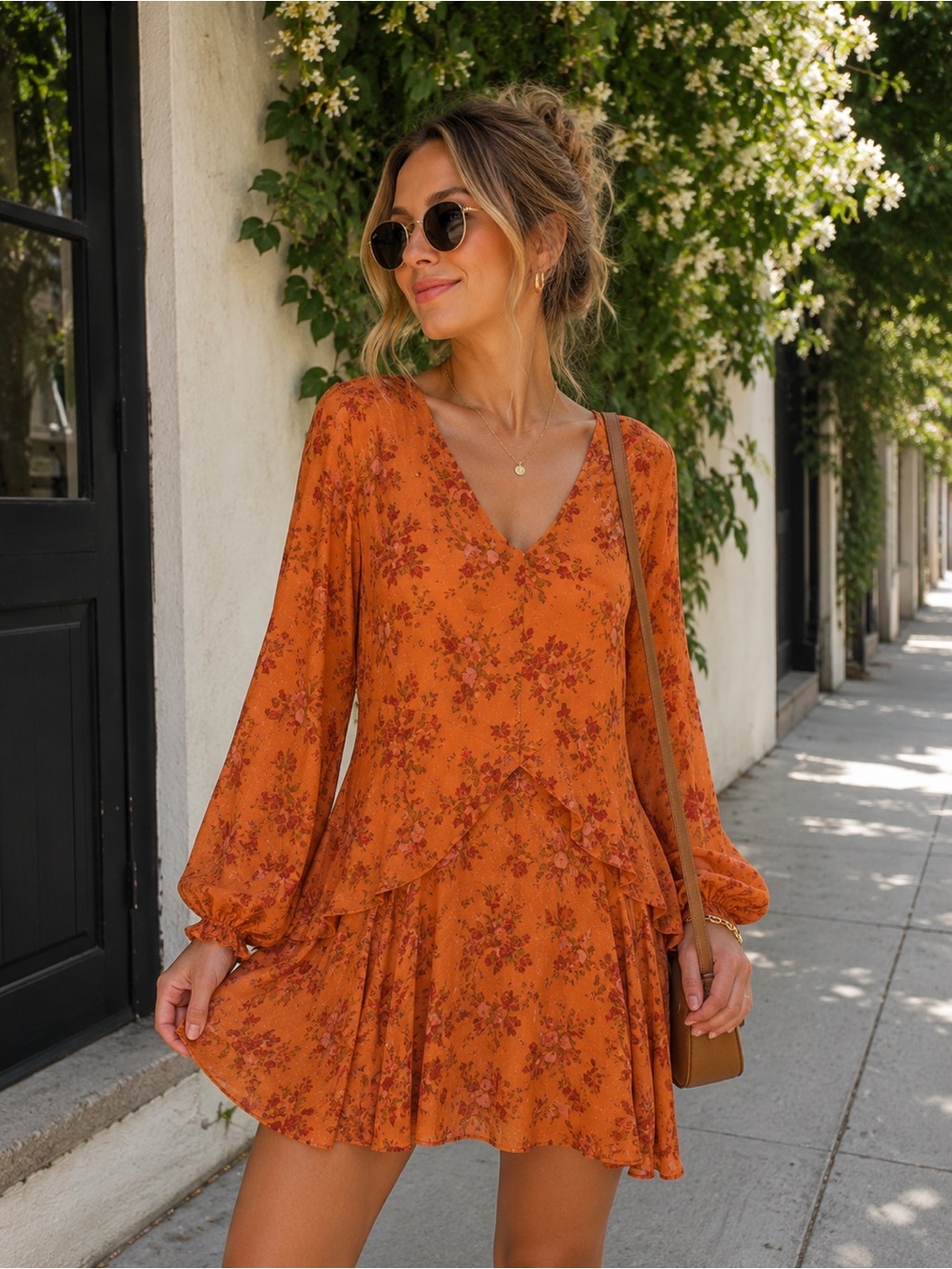 A Loves A Dress Orange Floral Print Ruffle Long Sleeve V Neck